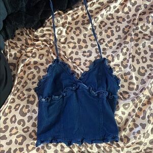 vintage y2k blue denim ruffles halter top